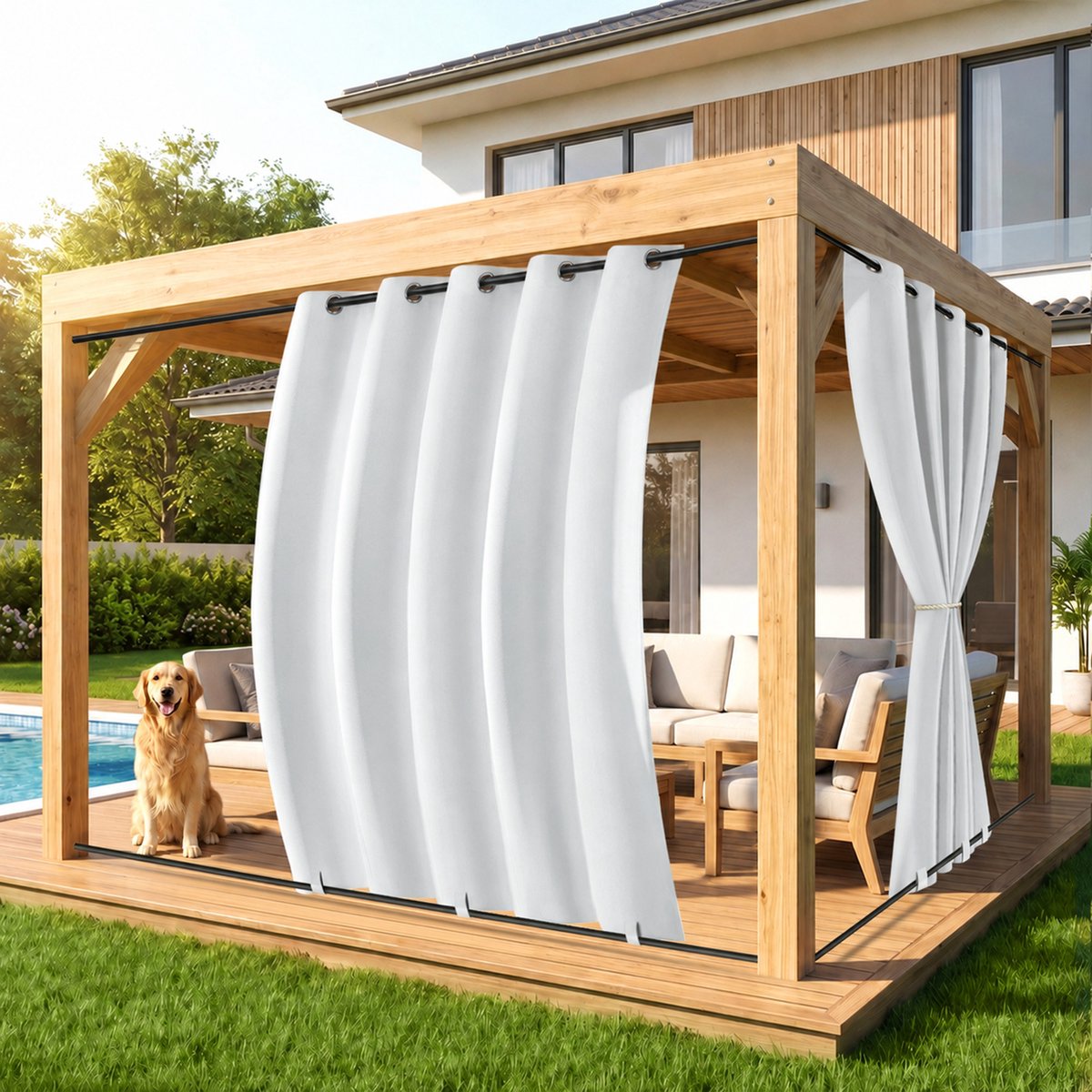 MUPOO Extra Brede Buitengordijnen Waterdicht & Windbestendig - Met Onder Fixatie tegen Wind - Verduisterend & UV Werend - Outdoor Gordijnen voor Terras, Veranda & Pergola - 180x244 cm - Wit - 2 stuks (Rideau Extérieur Imperméable) Wit-2 stucks
