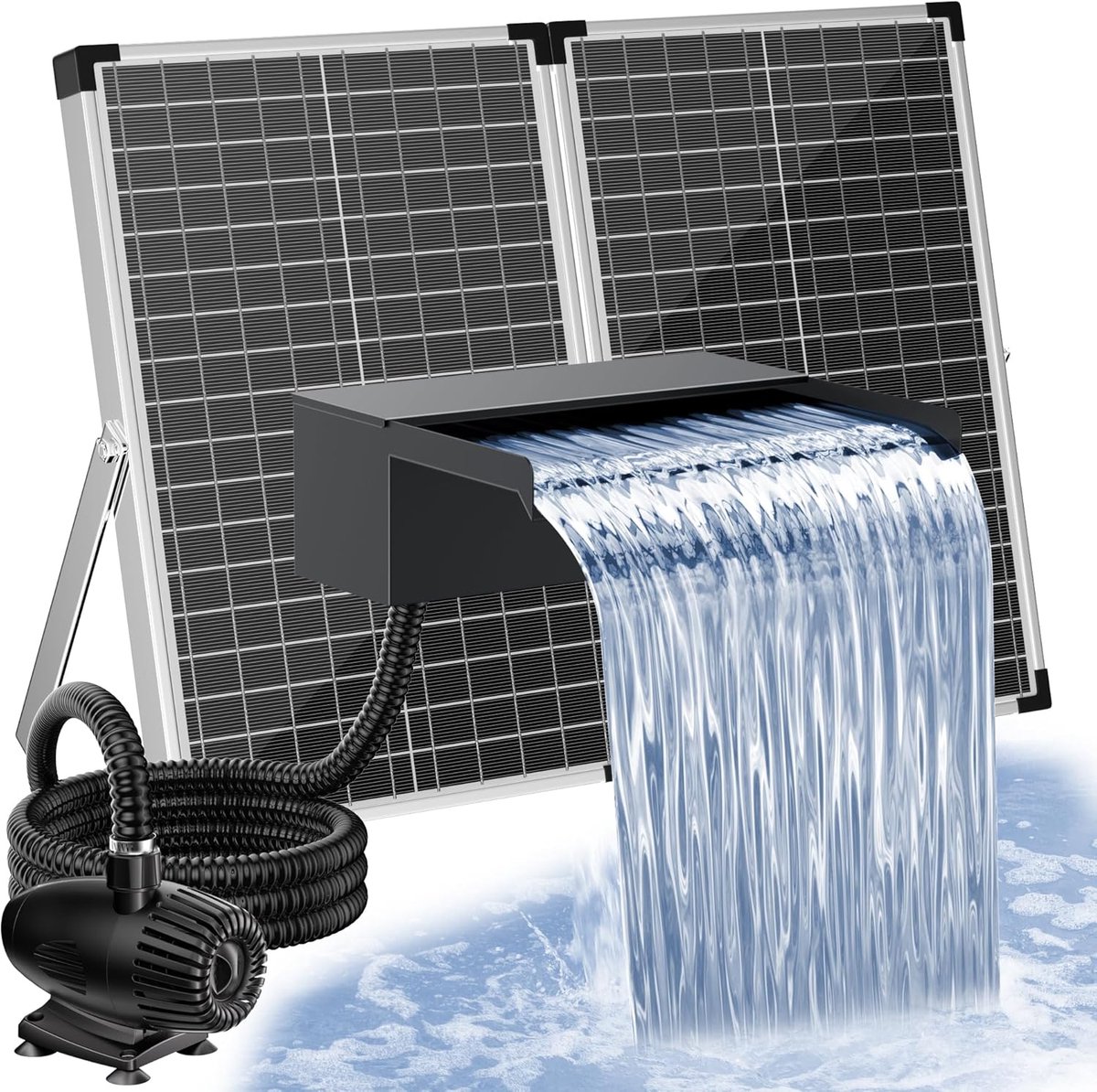 POPOSOAP-watervalset-70 W zonne-energie-waterval met vijverpomp (2500 l/u)-30 cm brede watervalbak van roestvrij staal en 3 m flexibele slang-klaar voor gebruik bij tuinvijvers