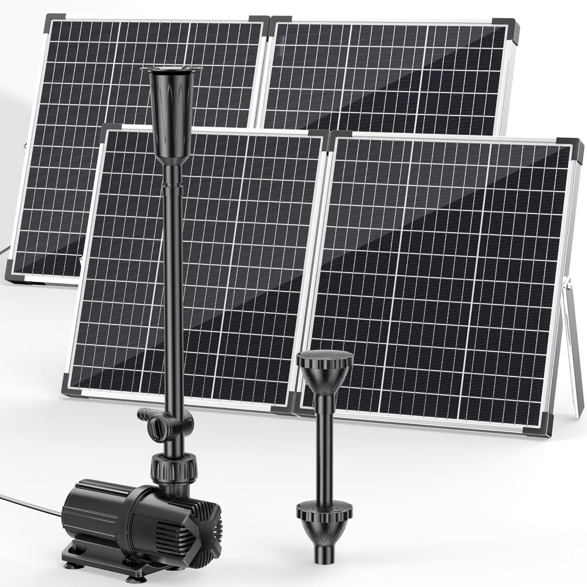 POPOSOAP 100 W Zonnevijverpomp - Zonnefontein met 4500 l/u instelbare doorstroming - DC-waterpomp - Dubbele zonnepanelen - 3 sproeikoppen voor tuinvijvers - watertuin