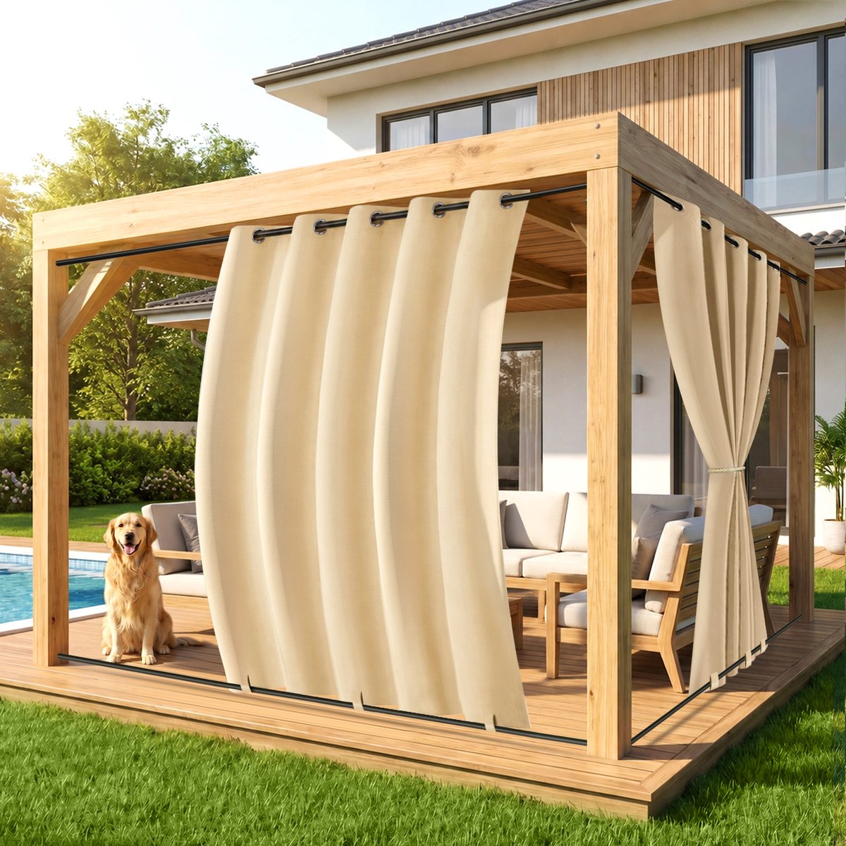 MUPOO Extra Brede Buitengordijn Waterdicht & Windbestendig met Ringen - Met Onder Bevestiging tegen Wind - Verduisterend & UV Werend - Outdoor Gordijnen voor Overkapping, Balkon & Tuin - 180x213 cm - Beige - 1 Stuk (Rideau Extérieur Imperméable)