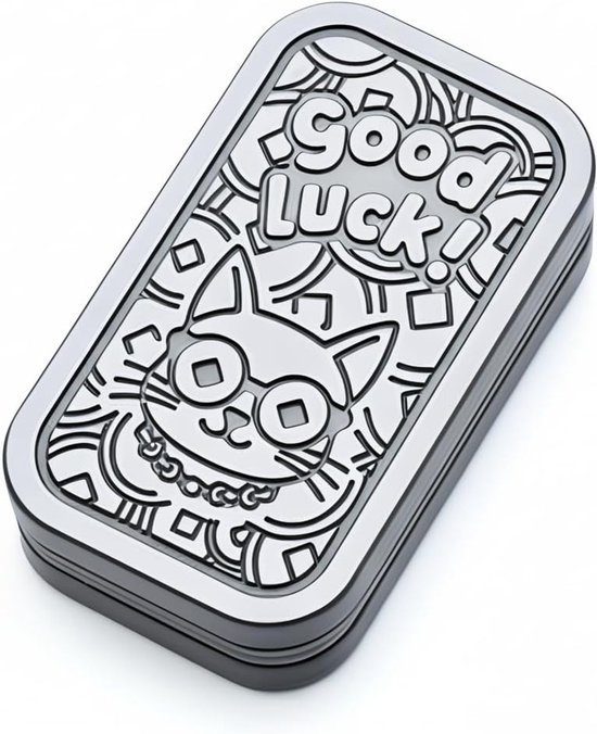 Curseur fidget argenté avec 'good luck !' et un visage de chat mignon avec des lunettes.