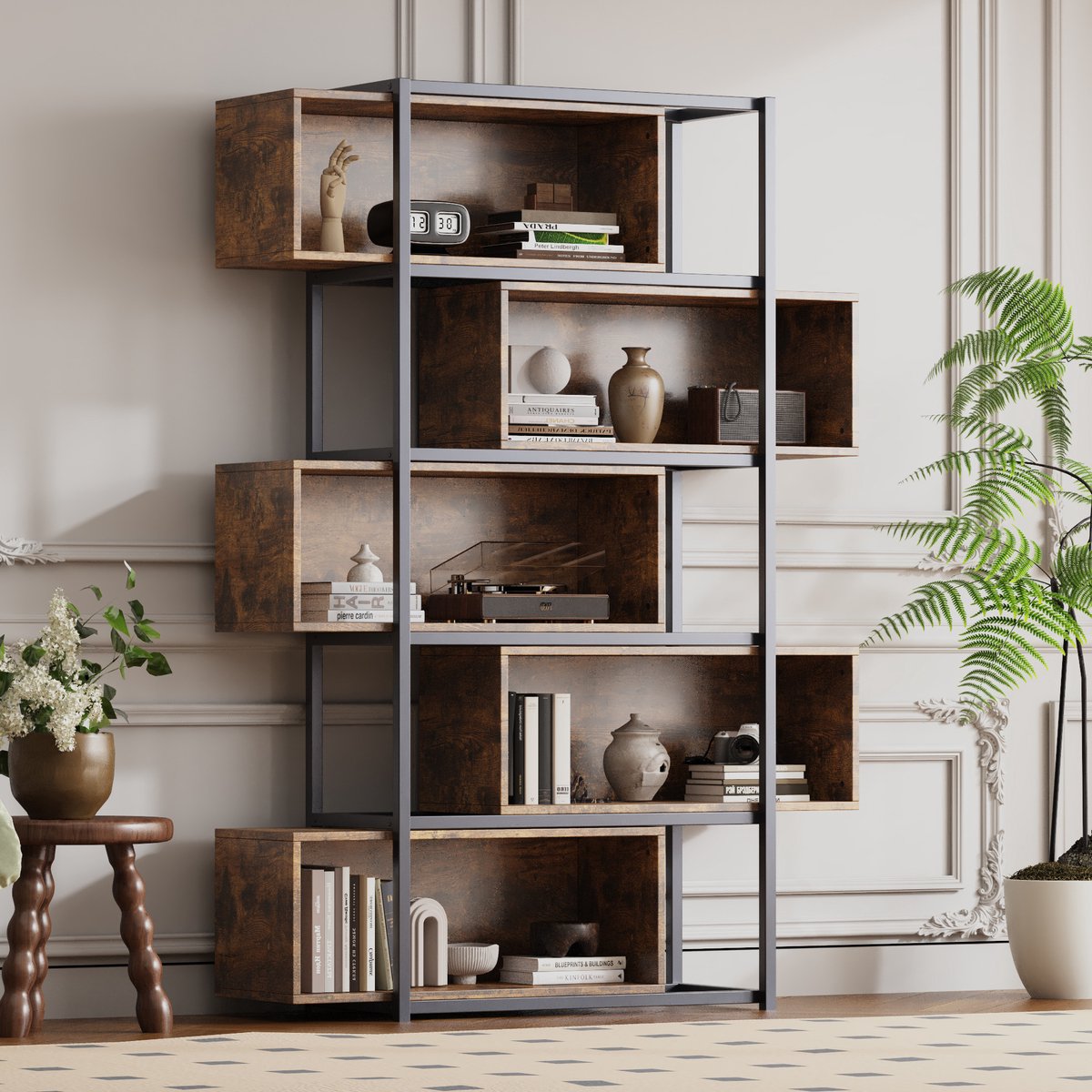 MEUNIQ Boekenkast 121 x 35 x 176 cm met 5 etages en open vakken, open kast voor woonkamer, werkkamer, keuken of balkon, bruin houtnerf met zwart stalen frame