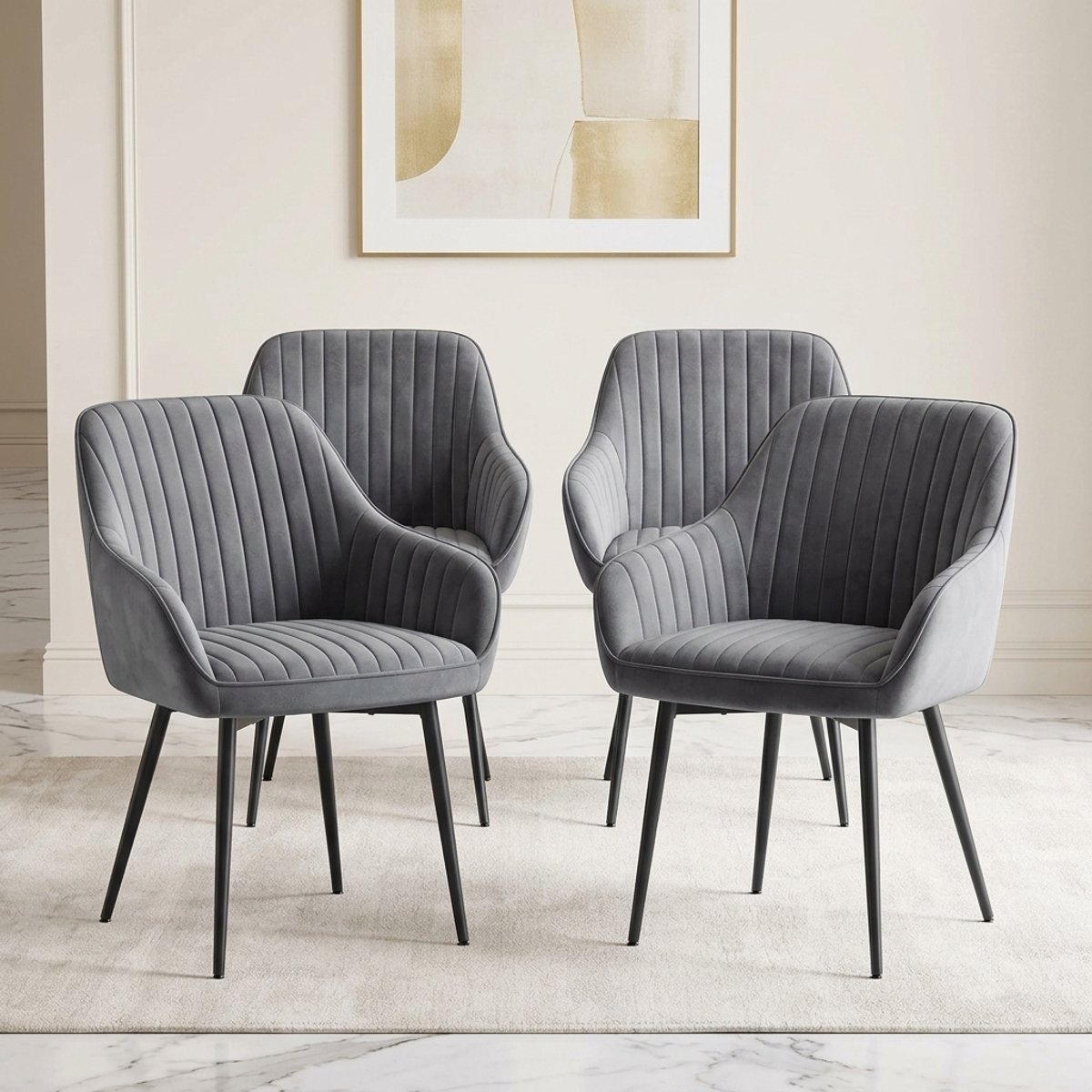 Luxe Fluwelen Eetkamerstoelen Set van 4 met Armleuningen – Ergonomische Gestoffeerde Keuken- & Loungestoelen tot 120 kg – Moderne Design Stoelen met Metalen Poten in Grijs/Inktzwart – novihomestore