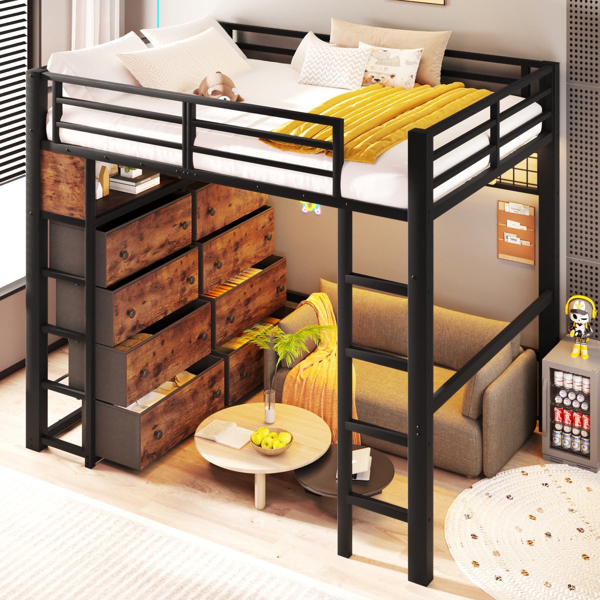 MIVRAY Hoogslaper 140x200 cm Zonder Matras - Met 8 Lades, LED Verlichting en Opbergplanken - Ruimtebesparend Kinderbed - Metaal en MDF - Zwart
