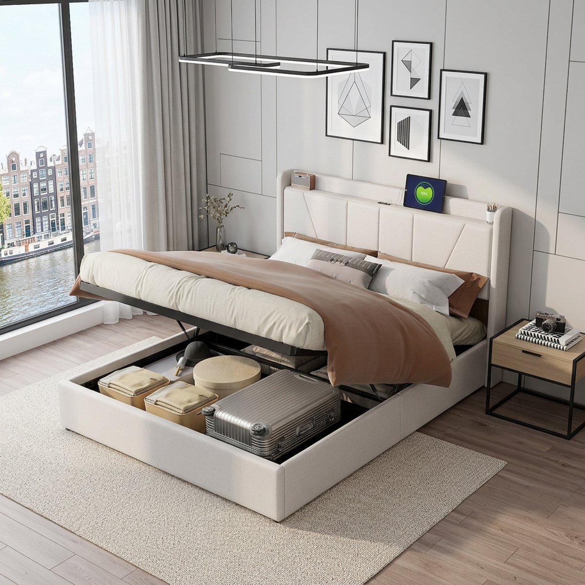 MEXUS Gestoffeerd Bed 140x200 cm met USB,Tweepersoonsbed met Lattenbodem en Hydraulische Hendel,Opbergbed, Boxspringbed bedframe met Opbergruimte,linnen,Beige,Zonder Matras
