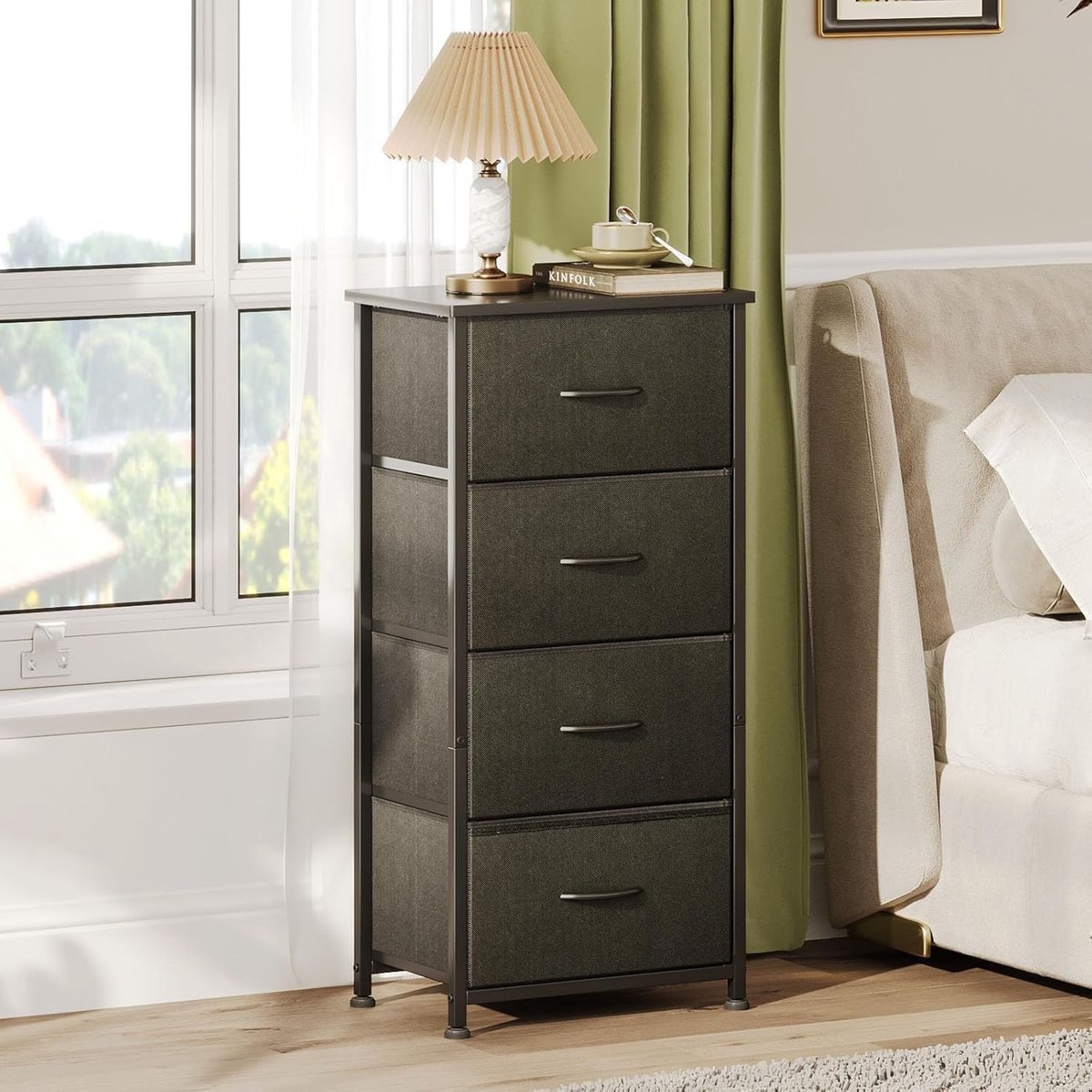 HOERFURIY Moderne Commode met 4 Ruime Laden - Hoogglans Afwerking - Slank & Ruimtebesparend Design - Opbergkast voor Slaapkamer, Hal en Woonkamer - Zwart
