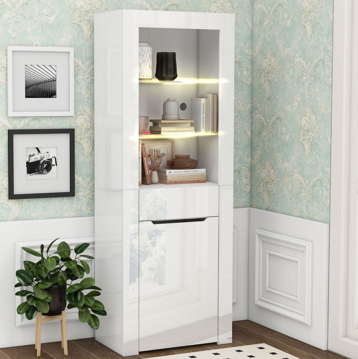 MEUNIQ vitrinekast boekenkast met app-gestuurde LED-verlichting, lade en gesloten opbergruimte, 60 x 35,5 x 165 cm, staande kast voor woonkamer, kantoor of eetkamer, wit
