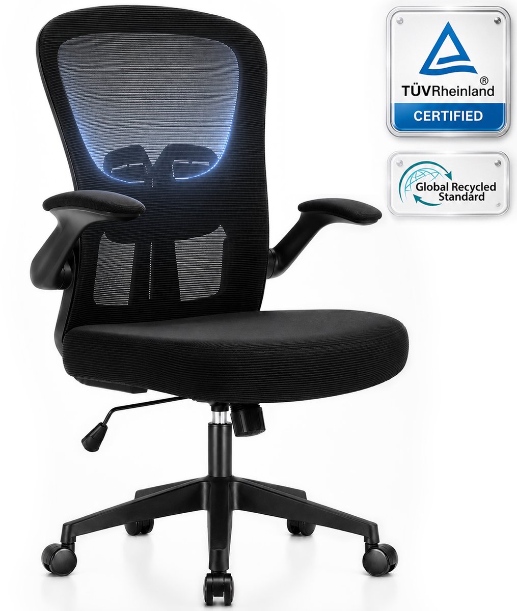 Durrafy Bureaustoel - Ergonomische Bureaustoel - Bureaustoelen voor Volwassenen - Office Chair - met Lendensteun & 90° Opklapbare Armleuningen | Verdikt en Verbreed Zitkussen | Hoogteverstelling - Stoel Tot 150kg - Zwart