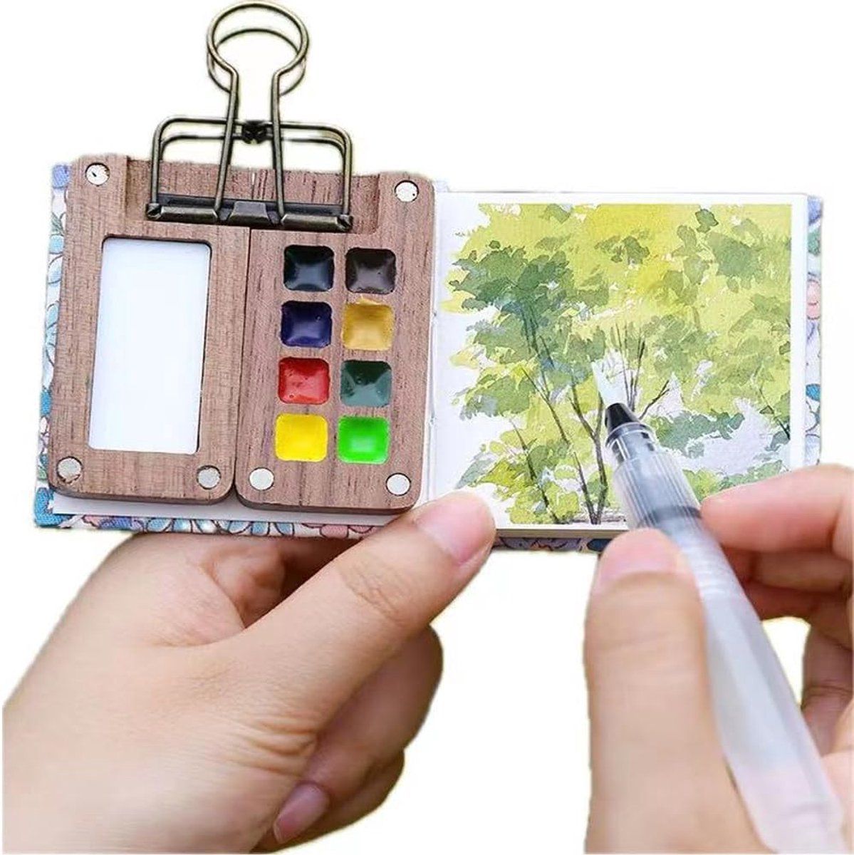 YAGXIG Mini aquarelset - Zakwaterverfset - Bevat 12 kleuren - Houten palet en schetsboek - Reiswaterverfpalet - Draagbaar aquarelpalet - Geschikt voor kunstenaars, buitenschilders en beginners