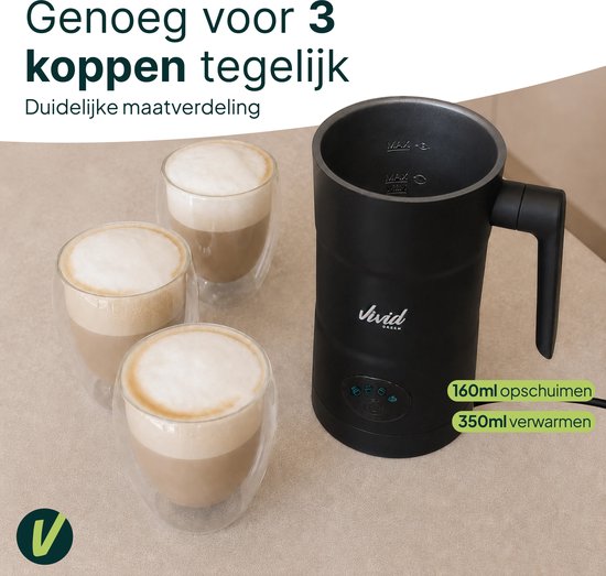 Zwarte melkopschuimer met drie glazen cappuccino. Tekst: "Genoeg voor 3 koppen tegelijk. Duidelijke maatverdeling. 160ml opschuimen, 350ml verwarmen."