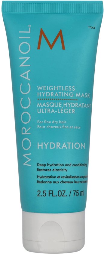 Moroccanoil Weightless Hydrating Mask tube. Turquoise met oranje M-logo en witte tekst. 75 ml.