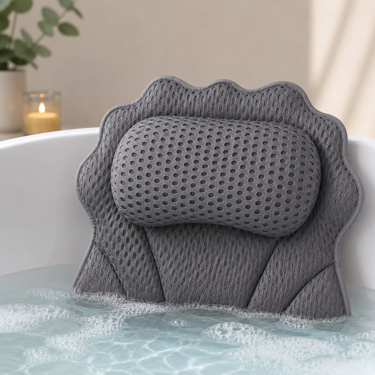Badkussen - Nekkussen bad - Badkussens voor in bad - Bad kussen - Badkussens - Hoofdsteun bad - met Anti Slip Zuignappen - Bad accessoires - Grijs