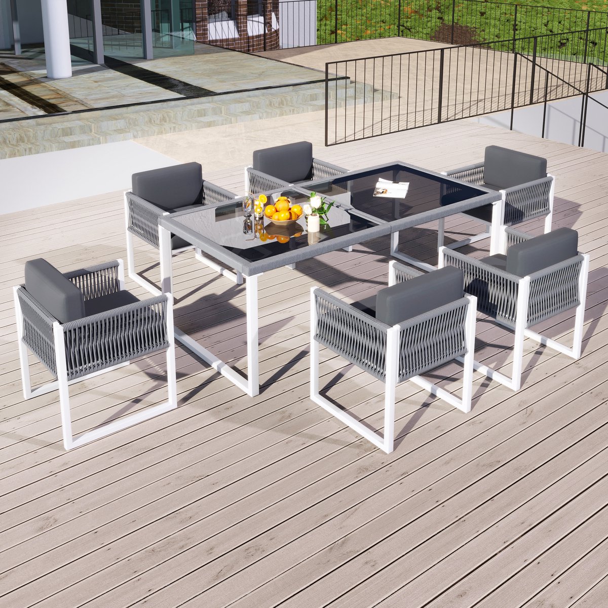 Tuin Eetset - 6 Zitplaatsen Rope Design Met Armleuningen En Afneembare Wasbare Kussens - Voor Tuin En Terras - Ijzer Polyester - Grijs Wit
