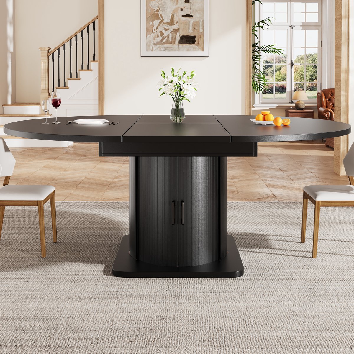 HAUSS SPOLE Eettafel - Uitschuifbaar Rond Naar Ovaal Met Lade - Voor Keuken En Eethoek - MDF - 118-158x118x76 Cm - Zwart