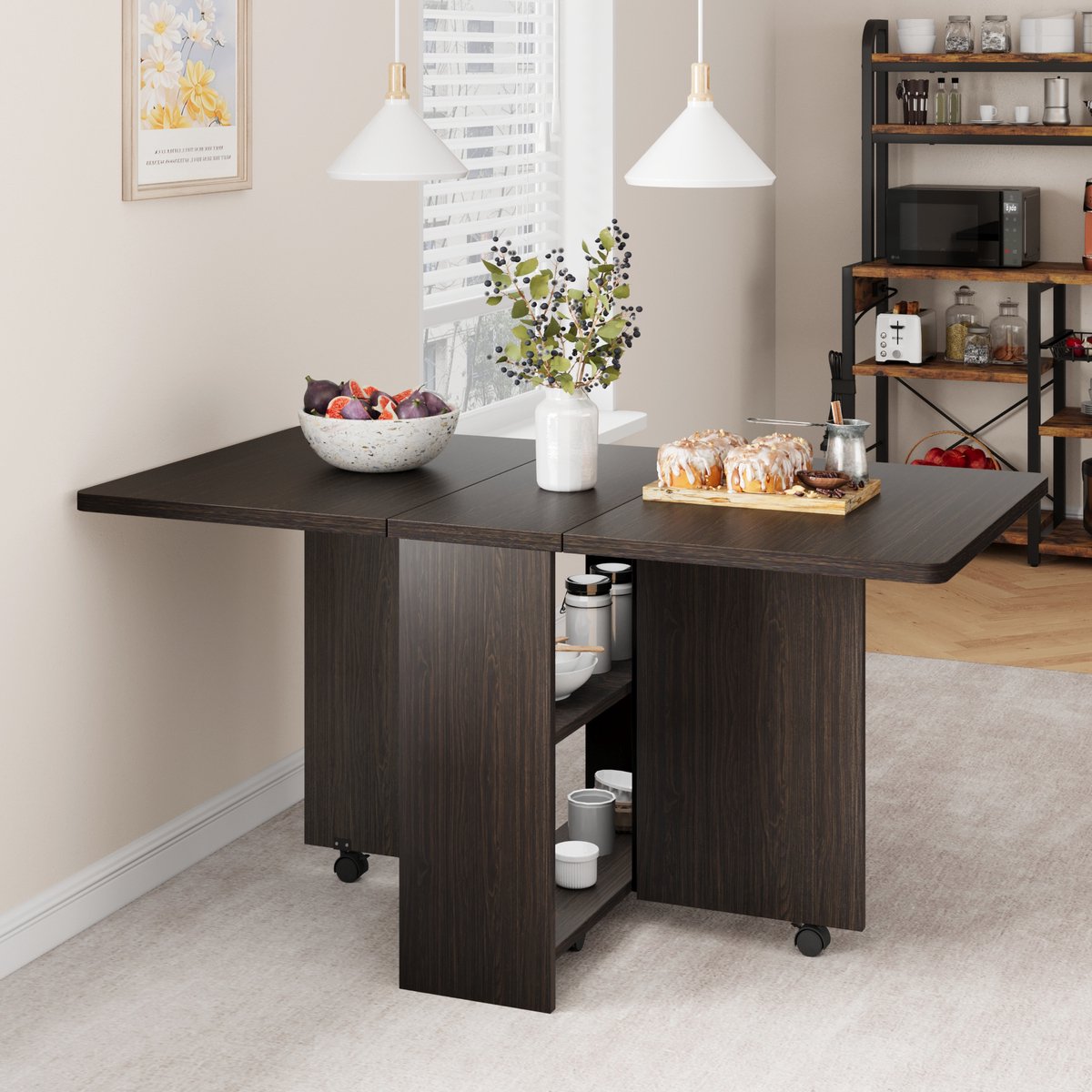 Eettafel Opvouwbaar - 130x80x75cm - Uitschuifbare Keukentafel met Drop Leaf en 6 Wieltjes - Ruimtebesparend voor 2 Personen - 2 Lagen Opbergrekken - Voor Eetkamer of Woonkamer - Walnootkleur
