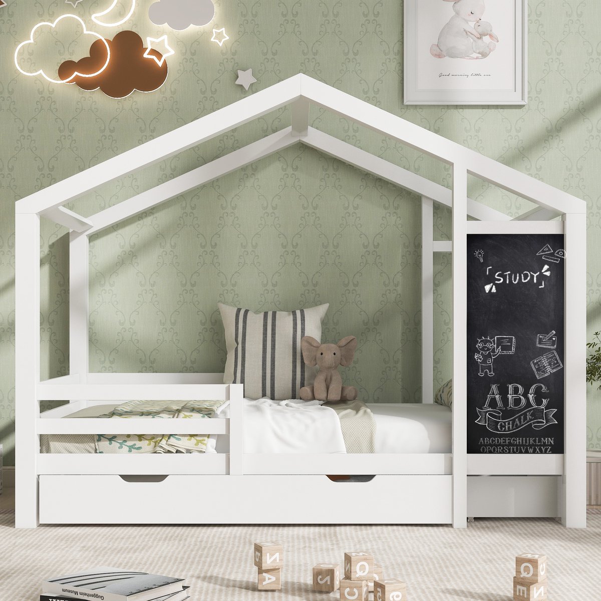 VVBV Kinderbed Huisbed 90x200 cm - Lattenbodem, 2 Lades, Tafel - Hout/Massief Hout Wit Zonder Matras White