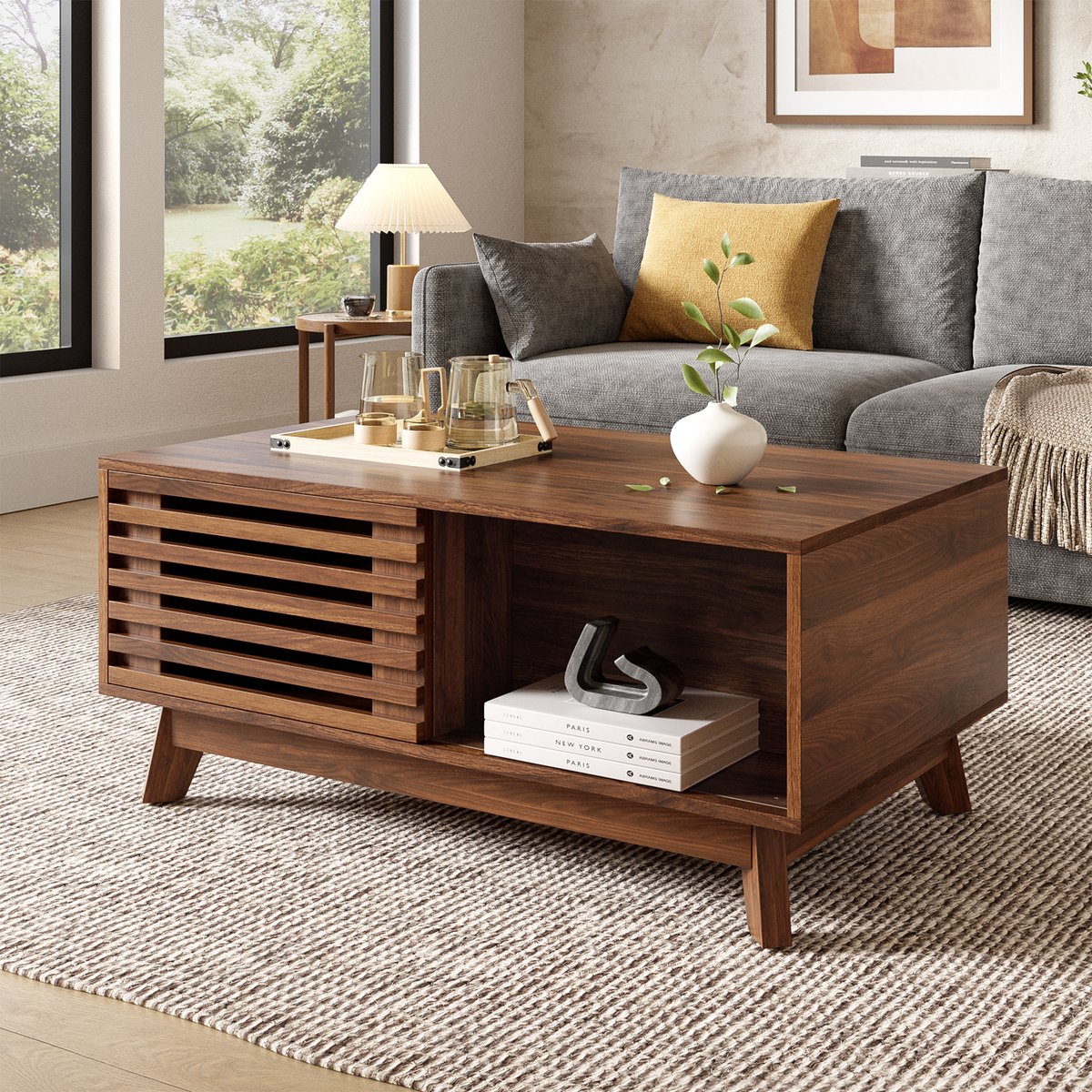 HAUSS SPOLE Salontafel - Verstelbaar Tafelblad Met Schuifdeur En Opbergruimte - Voor Woonkamer En Kleine Ruimtes - MDF - 90x55x57,5 Cm - Walnoot