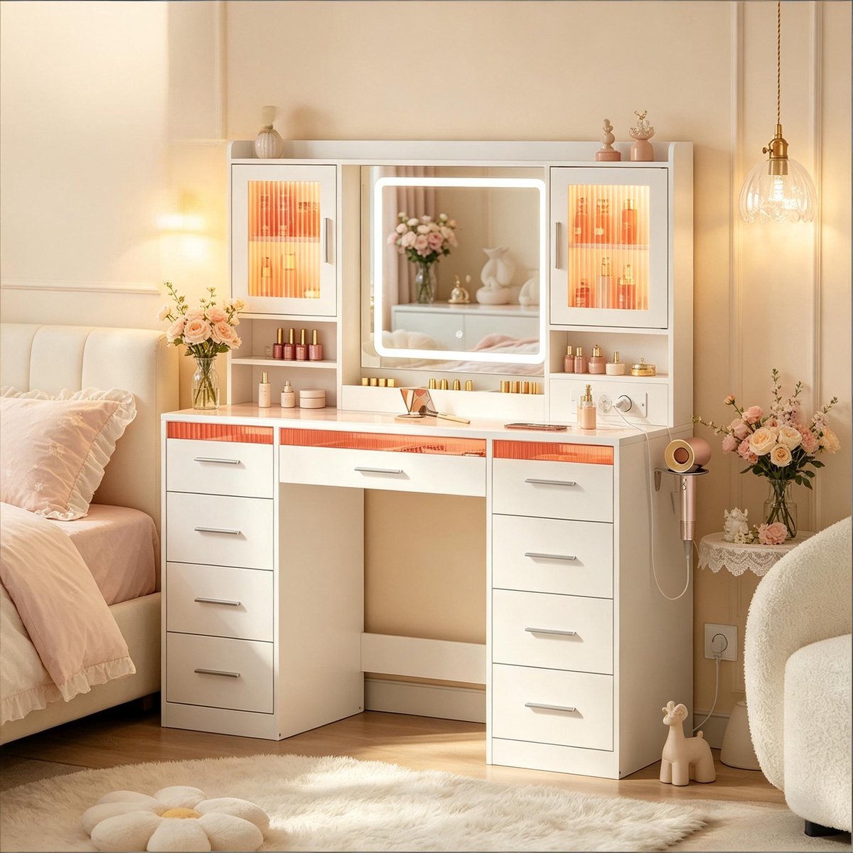 HAUSS SPOLE Kaptafel - Met Spiegel, RGB Verlichting En Stopcontacten - Met Laden En Kasten Voor Slaapkamer - Hout En Glas - Wit