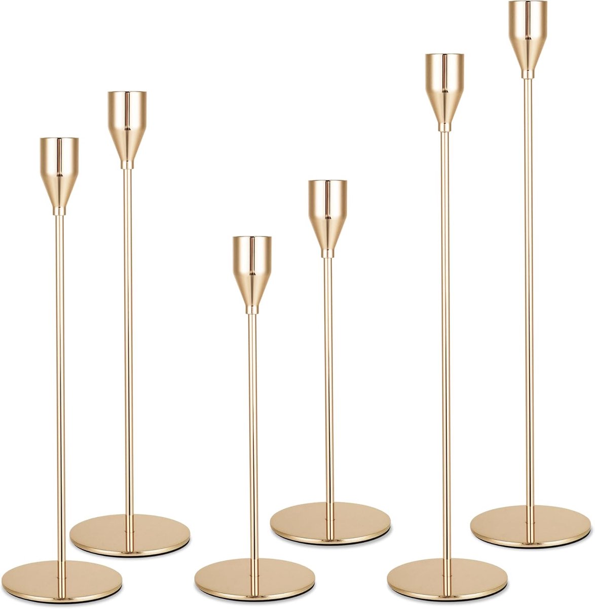 SnelShoppen - 6-delige Gouden Kaarsenstandaard Set, 3 Hoogtes (33/28/23 cm), Decoratieve Kaarsenhouders voor Bruiloften, Feesten, Verjaardagen, Tafel