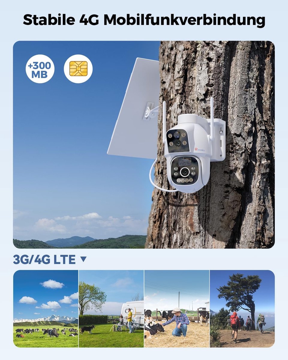 SnelShoppen - 4G LTE Buiten SIM Camera met Dubbele Lens, 15600mAh Batterij, 8W Zonnepaneel, Draadloze Beveiligingscamera met PIR Detectie, Kleurrijke