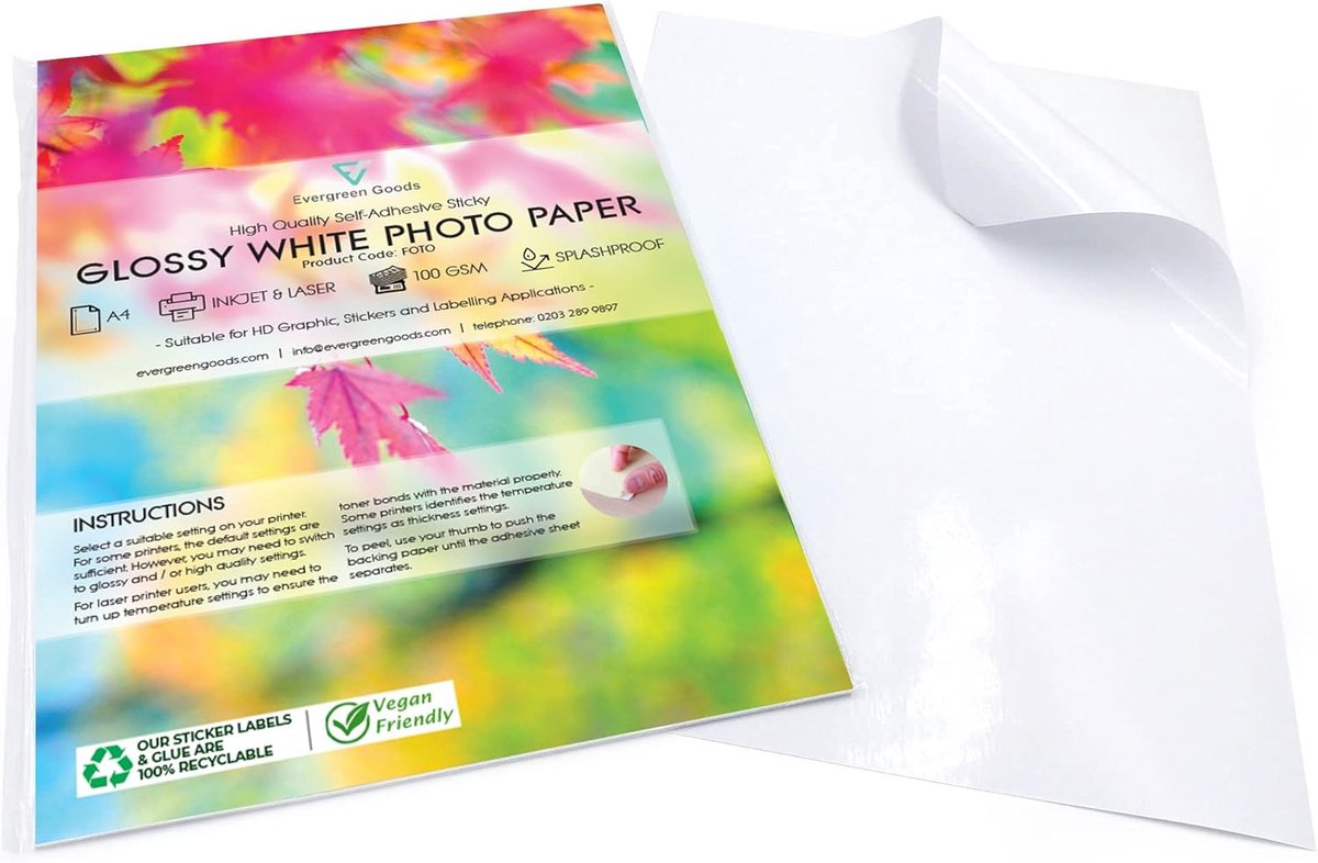 SnelShoppen - 50 Vellen A4 Witte Glanzende Printbare Foto Papier | Splashproof Inktjet en Laser Compatibel, Super Plakkerige Adhesieve Labels voor Pro