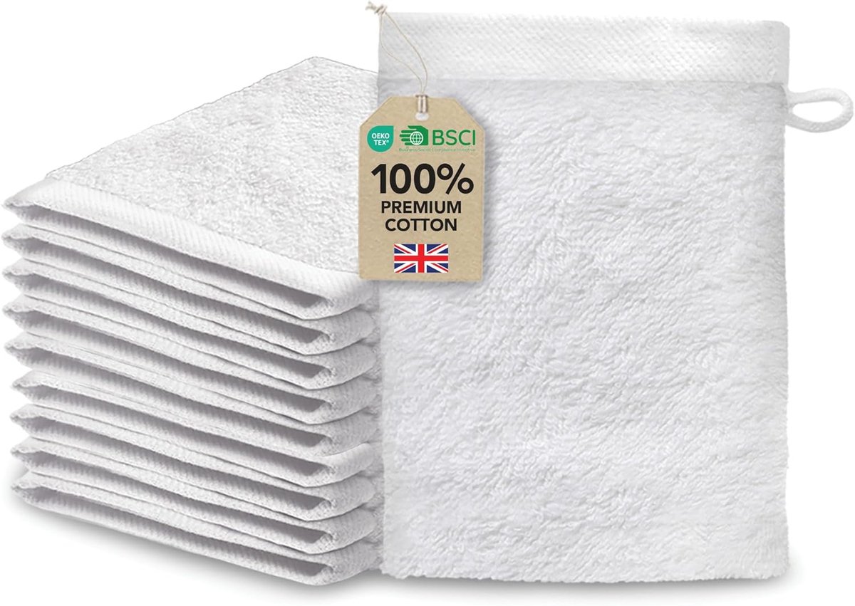SnelShoppen - Set van 10 Washandjes 15x20 cm Wit Katoen 500 g/m² - OEKO-TEX Gecertificeerd, Zacht, Absorberend en Duurzaam voor Gezin, Baby, Kinderen
