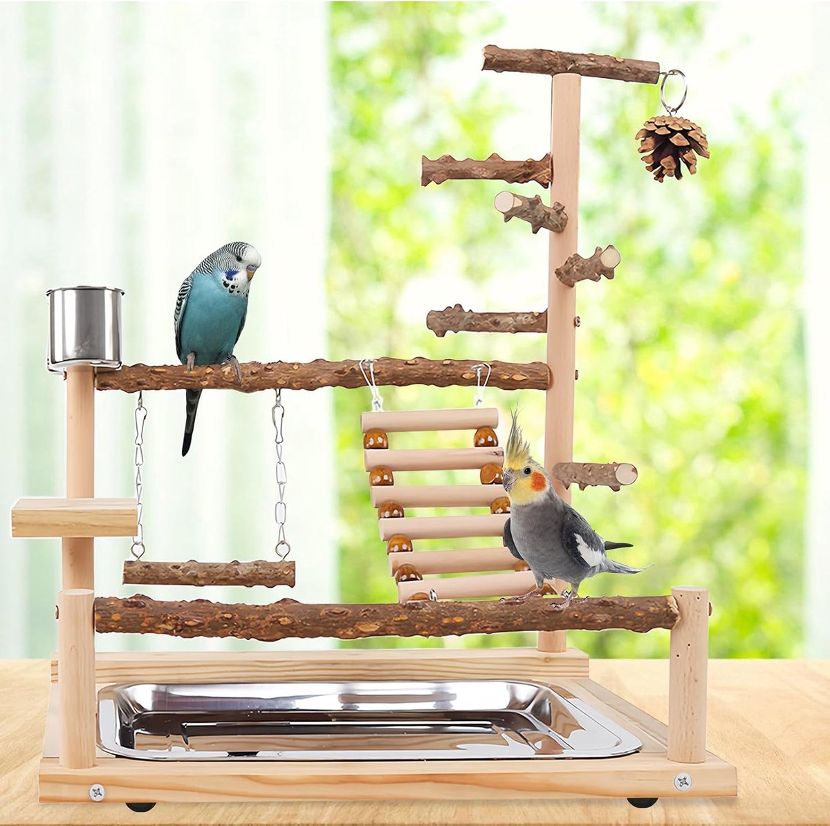 SnelShoppen - Vogel Speeltuin voor Papegaaien, Vinken, Parkieten - Natuurlijke Houten Playground met Cones en Fringes - Veilig en Duurzaam Speelgoed v