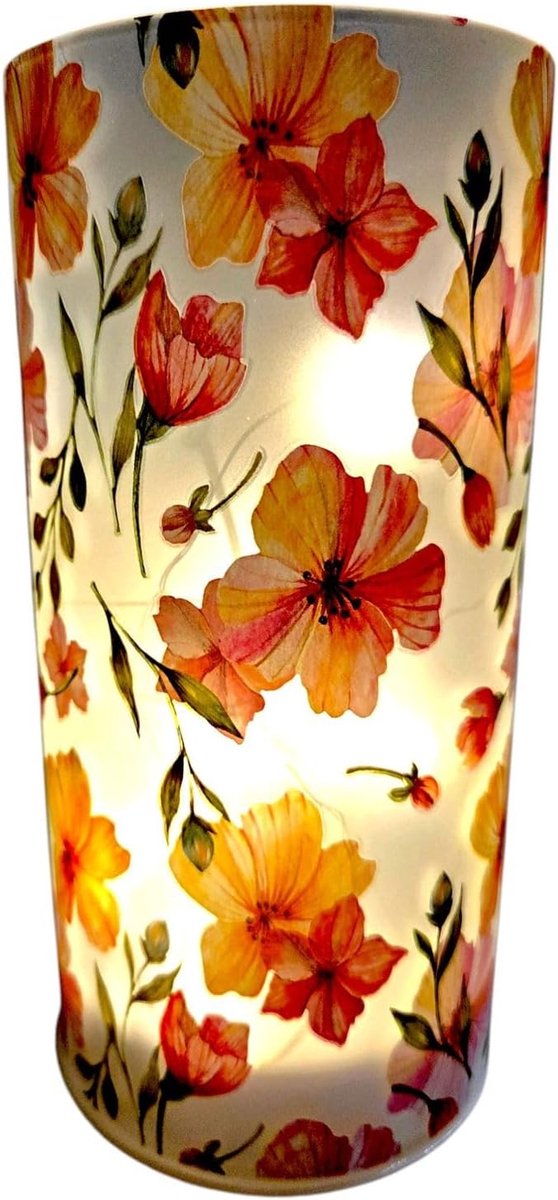 SnelShoppen - Decoratieve LED-lamp met bloemenmotief, cilinder, 16 cm, glas, sfeervol sfeerlicht met timer 6/18 uur, ideaal voor woonkamer, slaapkamer