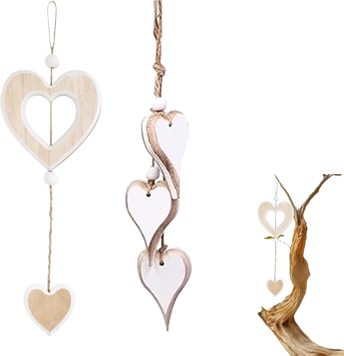 SnelShoppen - Houten Hangers Hartvormige Decoratieve Raamdecoratie - 2 Stuks Modern Boho Hangers voor Voorjaar, Feest, Thuis, Natuurlijke Houtkleur