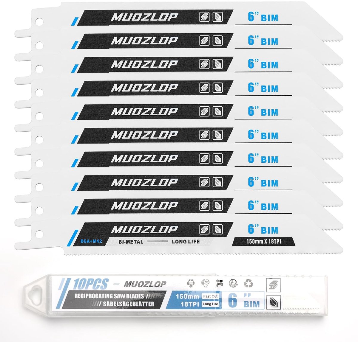 SnelShoppen - 10 Pack 150mm Reciprocating Saw Blades Set, Bi-Metaal 18 TPI Zaagbladen voor Metaal, Precisie Snijden, Duurzaam en Langdurig Gebruik