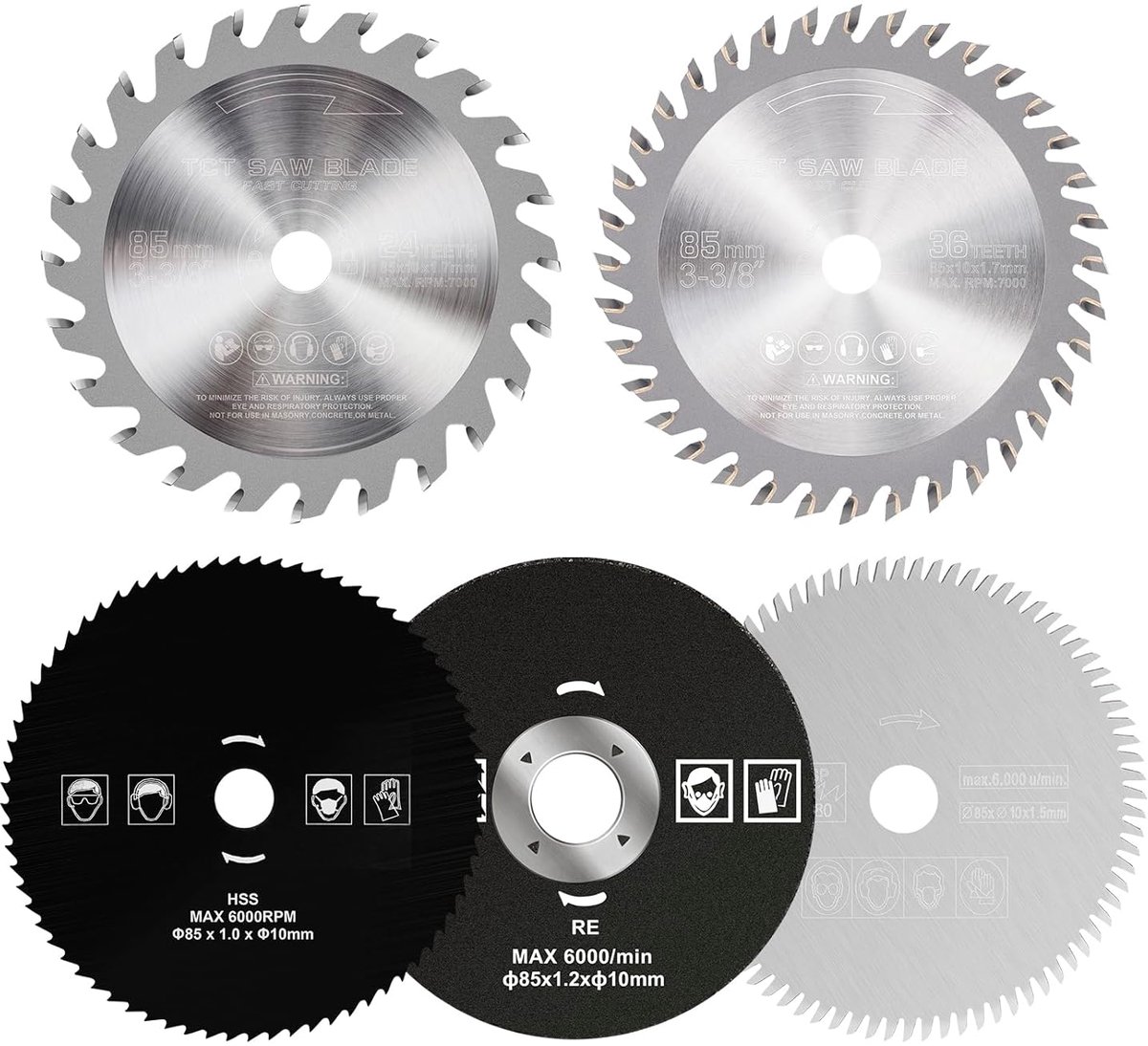 SnelShoppen - Pack van 5 HSS cirkelzaagbladen voor metaal, roestvrij staal en plastic, 85mm diameter, 24/36/80 tanden, precisie snijden voor hout en k