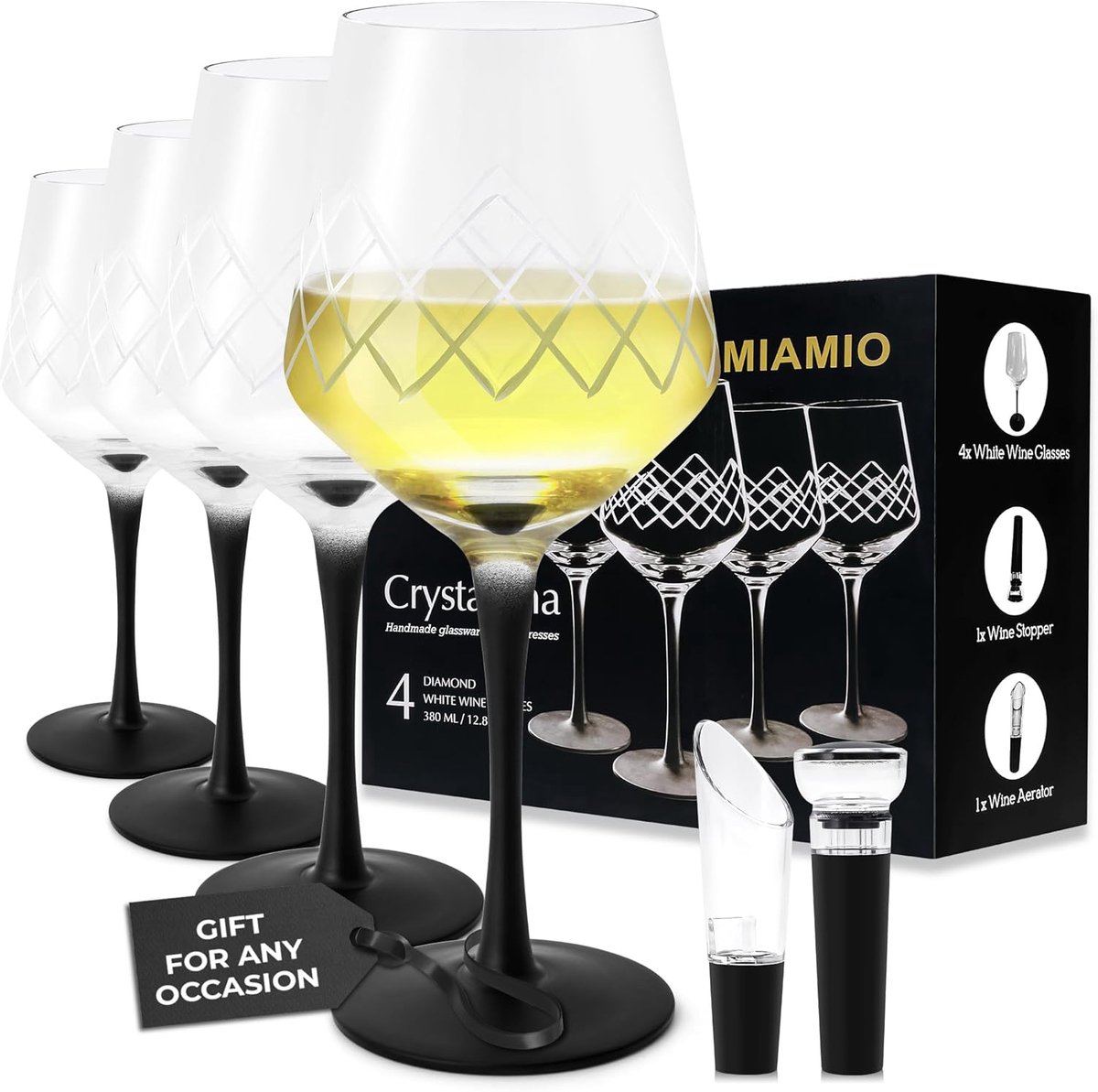 SnelShoppen - Set van 4 Premium Kristallen Witte Wijnglazen 380ml met Zwarte Lange Handgreep en Voet - Unieke Glazen voor Feesten en Thuisgebruik - Cr