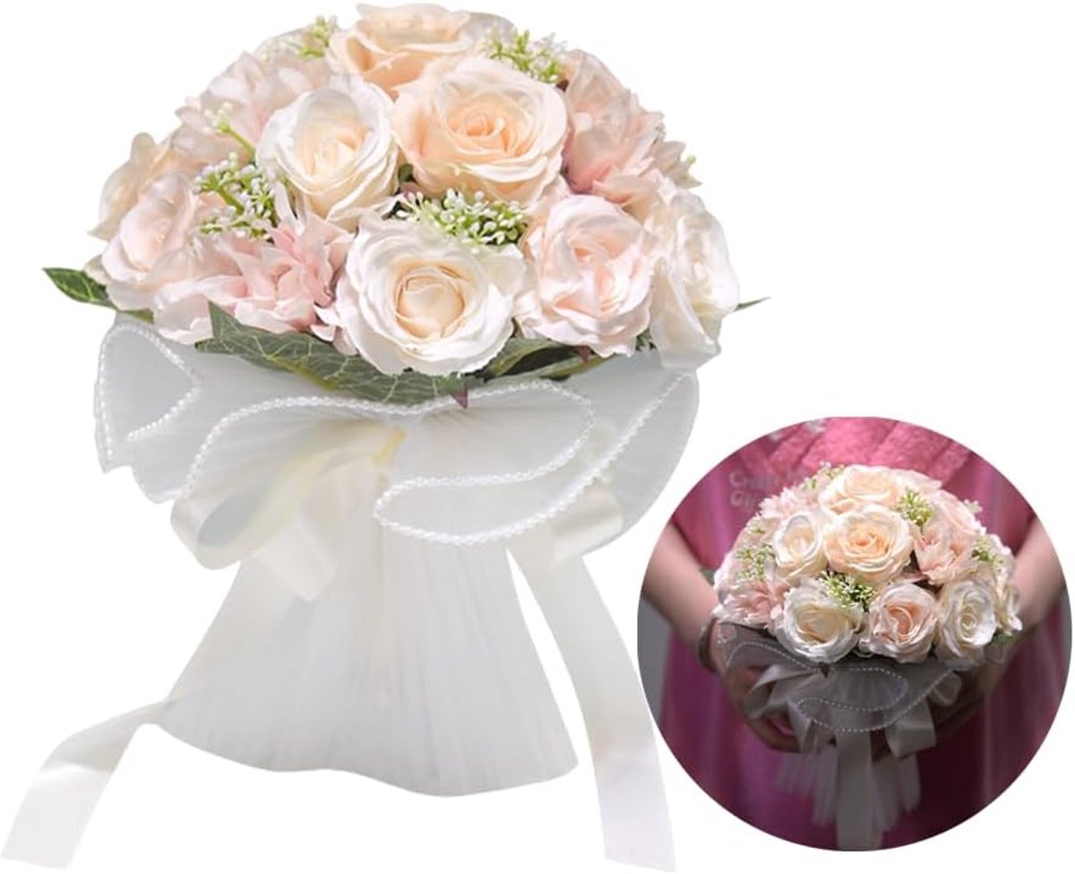 SnelShoppen - Artificial Flowers Rozen Boeket met Mesh, Bruidsboeket voor de Bruid, 18 Bloemkoppen in Lichtroze & Wit, Perfect voor Bruiloften, Ceremo