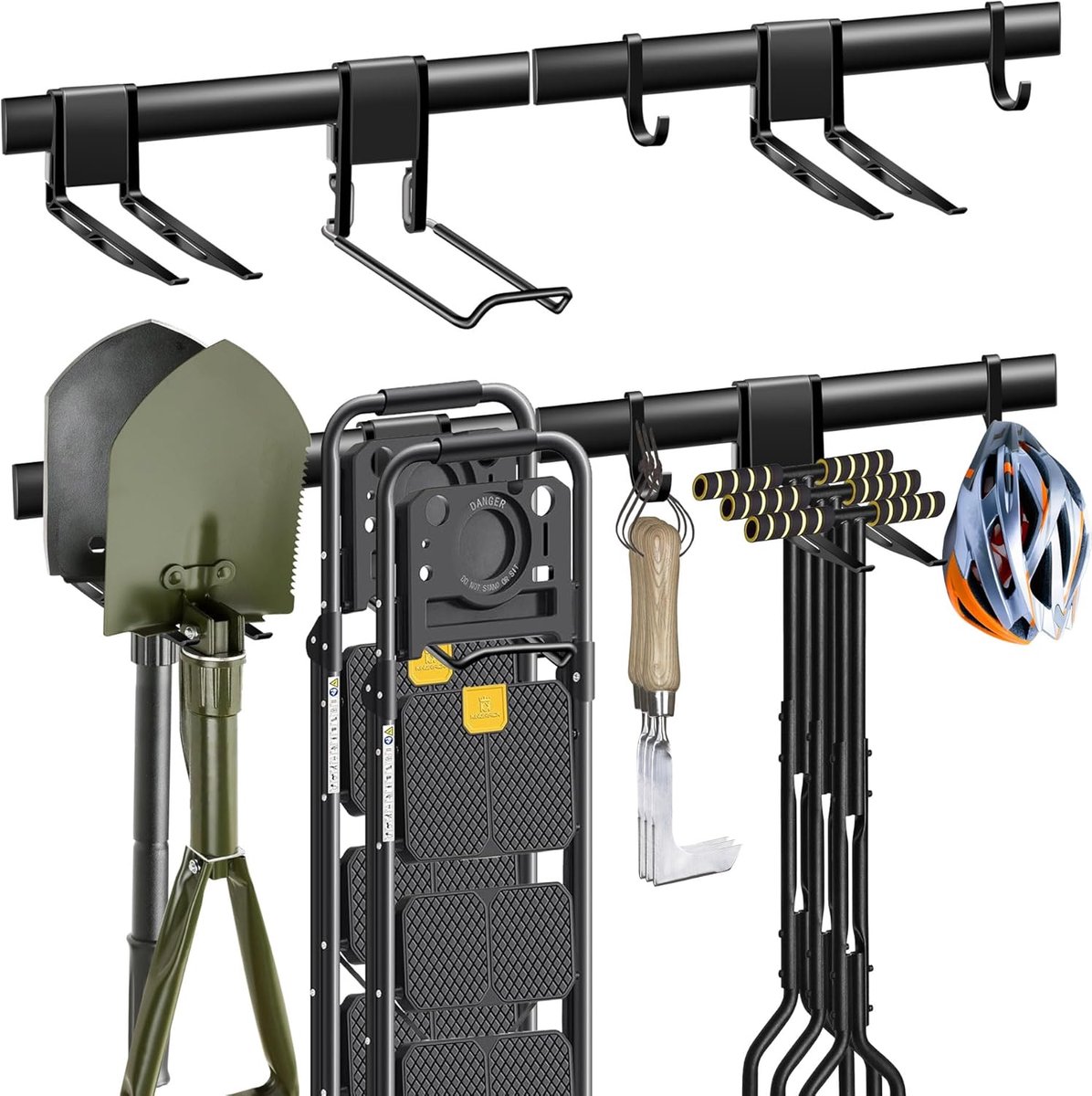 Duurzame Wandbeugel voor Tuingereedschap en Sportuitrusting met 5 Haakjes en 2 Rails van 43 cm voor Efficiënte Opslag in de Garage