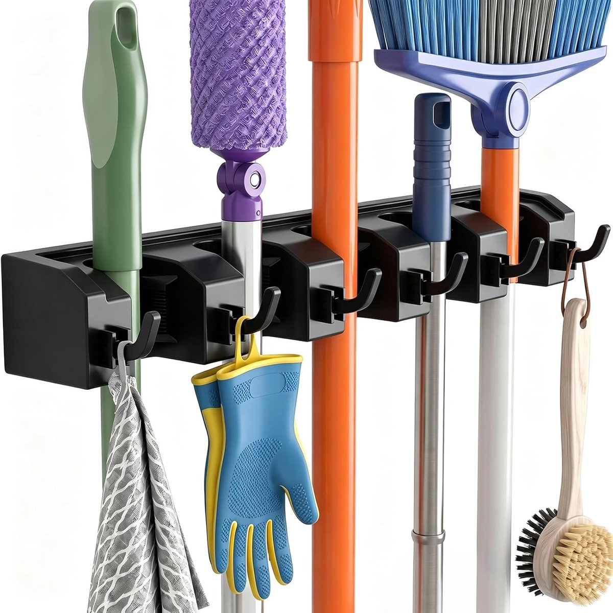 SnelShoppen - Wandbezemhouder met 5 Houders + 6 Haken, Tuin Gereedschap Houder, Duurzaam ABS Plastic, Wandmontage voor Keuken, Garage, Badkamer, Zwart