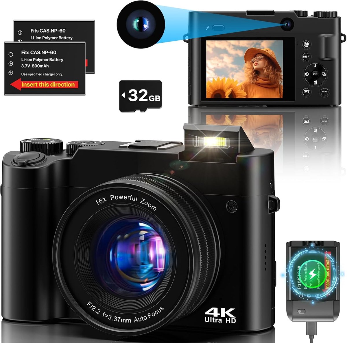 SnelShoppen - 4K digitale camera 64MP met dual camera, anti-shake vlogging fotocamera, 32GB geheugenkaart, 16x digitale zoom, 2 batterijen en lader vo