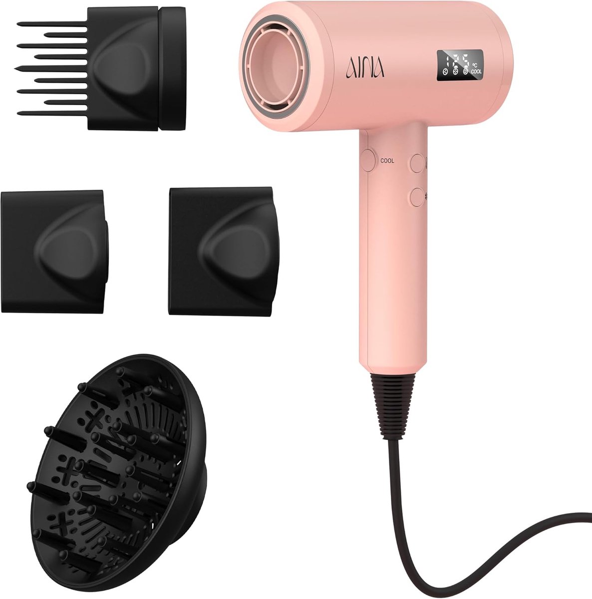 SnelShoppen - 2200W Föhn met Diffuser en Borstelmotor, Ionische Haardroger met LED Display, 3-laags Luchtfilter, Magnetische Bevestiging voor Glanzend