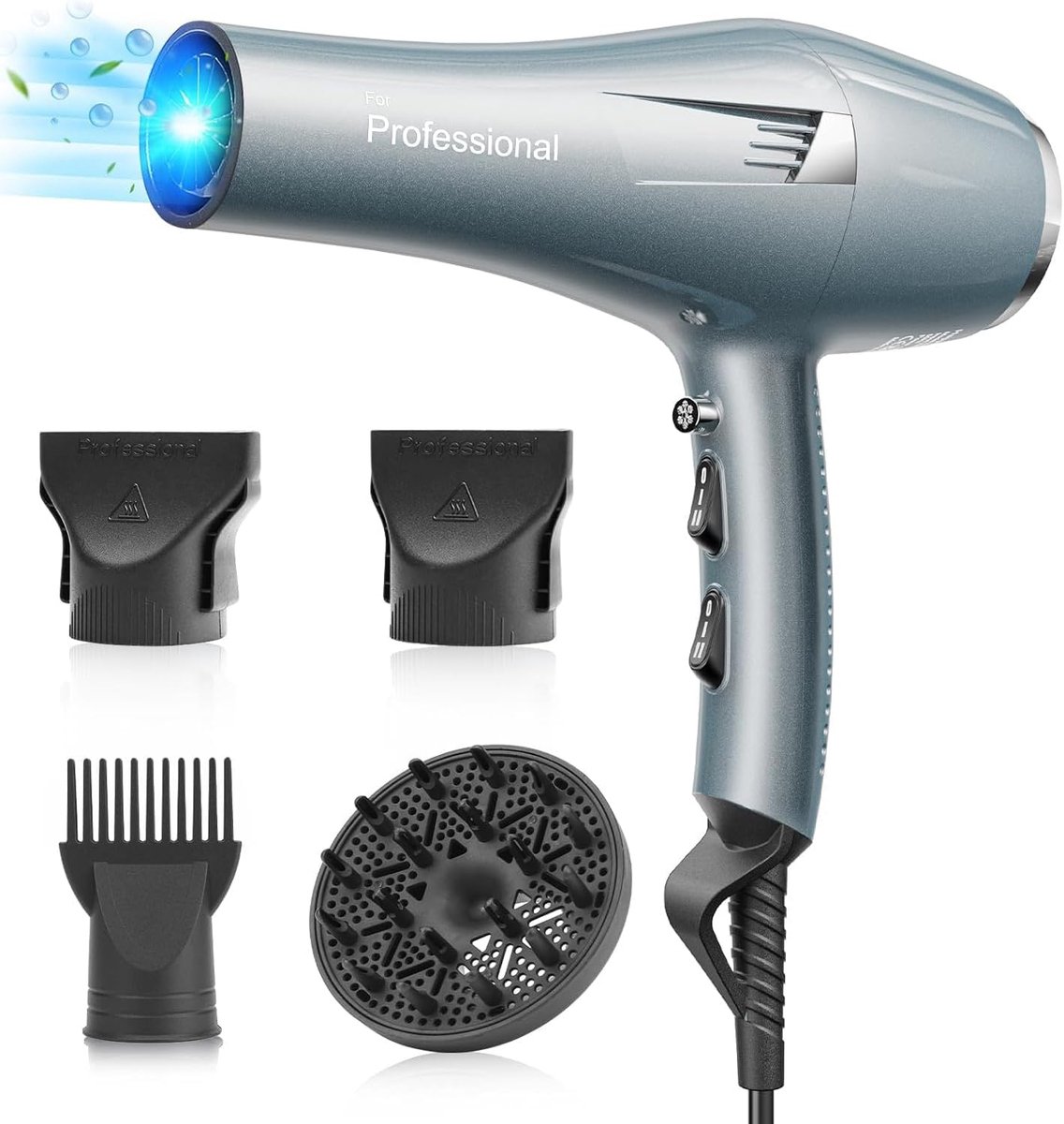 SnelShoppen - Professionele Föhn met Ion Technologie, Diffuser en Styling Nozzles, 3 Warmte- en 2 Snelheden, 2.5 m Korte Kabel, Blauw voor Gezinsgebru