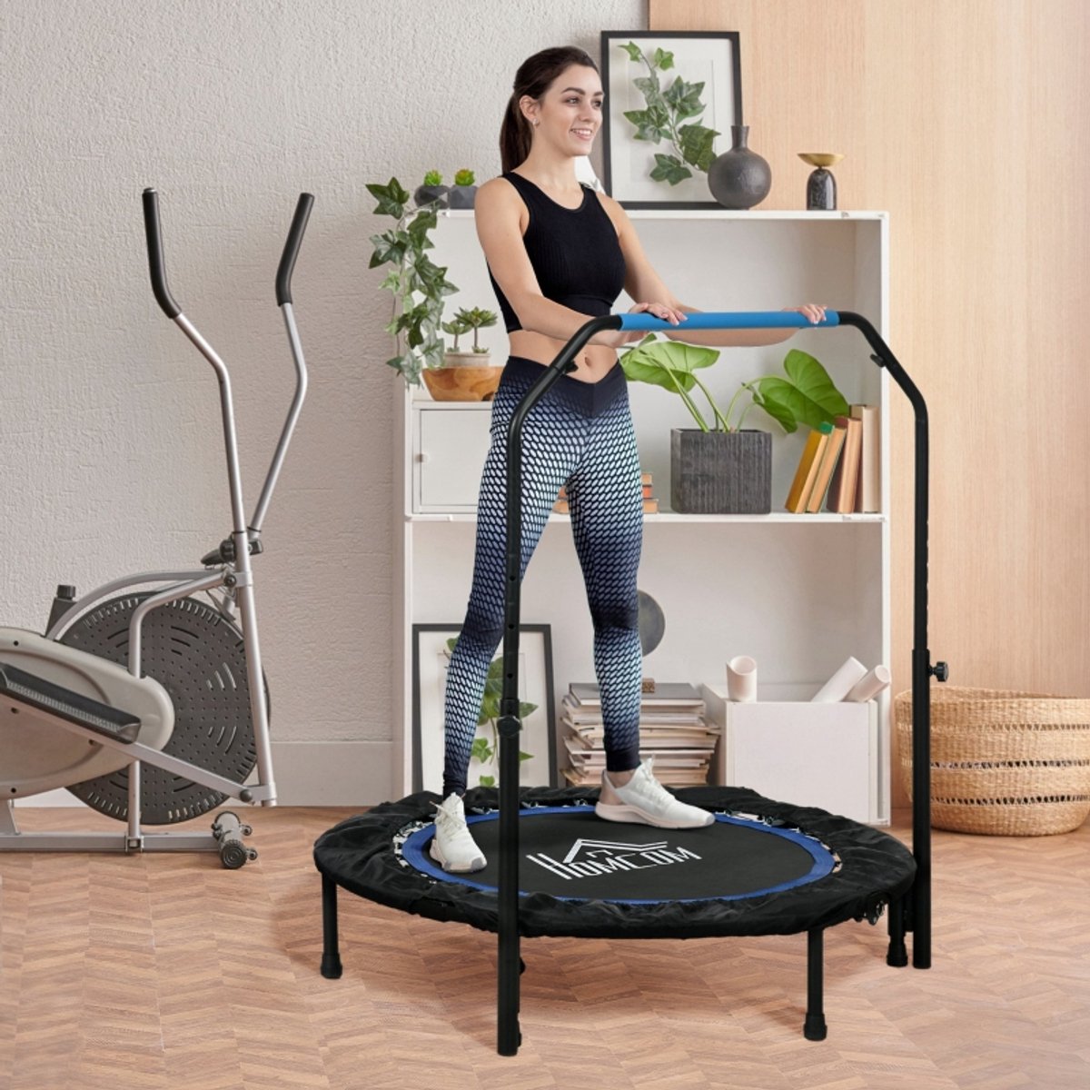 FloraGrace Fitnesstrampoline – Inklapbaar Met Verstelbare Handgreep – 102 cm – Kunststof En Metaal – Zwart En Blauw – Voor Binnen En Buiten