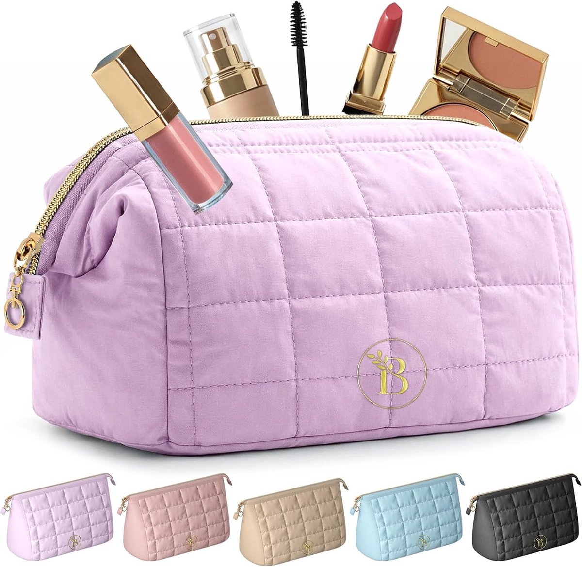 SnelShoppen - Toilettas Dames Roze Gewatteerd - Grote Opening Make-up Organizer met Binnenvakken - Ideaal voor Reizen en Dagelijks Gebruik - Compact e