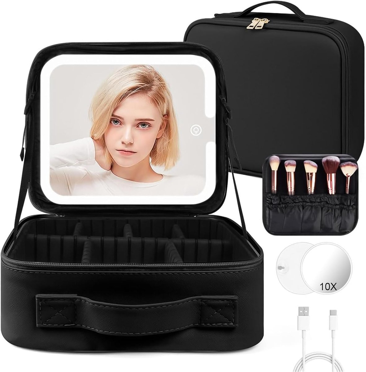 Thijox - OSDUE Make-uptas met Spiegel, LED Waterdichte Reis Make-up Tas, Grote Capaciteit Cosmetische Organizer met Verstelbare Compartimenten en Trap