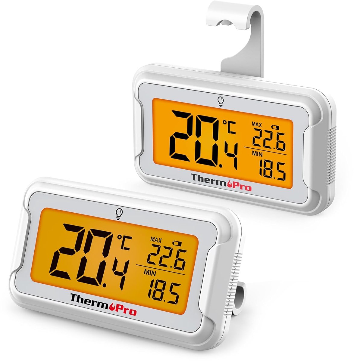 SnelShoppen - Digitale Koelkast Thermometer met Groot LCD Scherm en Achtergrondverlichting, Max/Min Opname, Magneten en Staand, Set van 2 voor Keuken