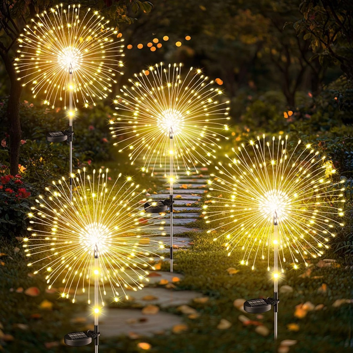 SnelShoppen - 4 Stuks Solar Tuinverlichting met 120 LED Vuurwerk Lichten - Flexibele Koperdraden - IP65 Waterdicht - Perfect voor Tuin, Patio, Feest e