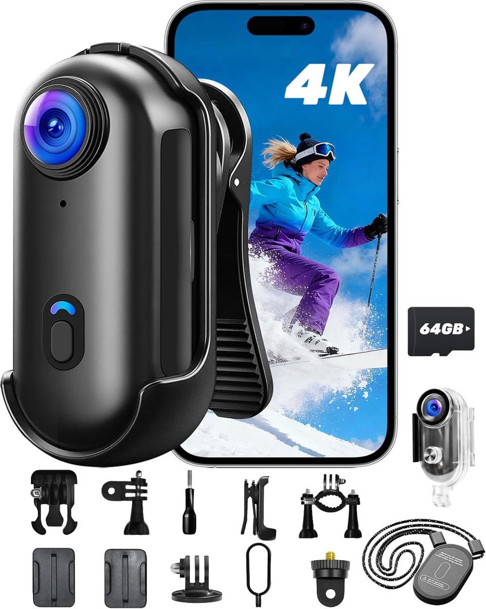 SnelShoppen - Actiecamera 4K - Waterdichte Sportcamera met Breedhoeklens, Full HD Video, 20MP Foto's, Draagbaar en Compact voor Avonturen, Vakantie, S