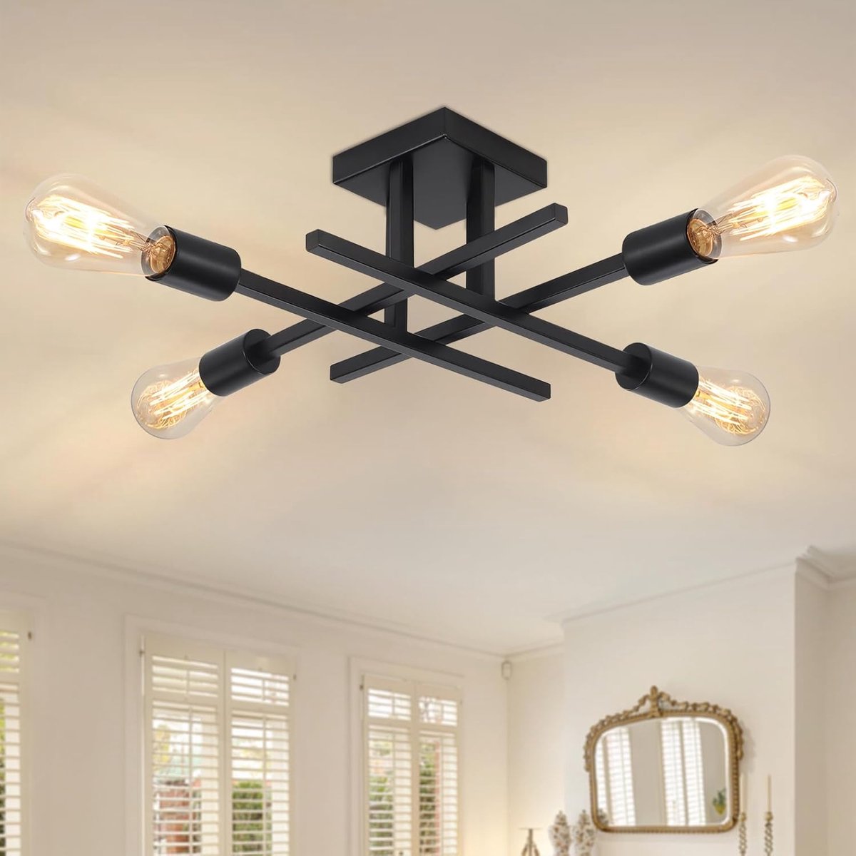 SnelShoppen - Sputnik Plafondlamp, 4 Lampen Zwart, Moderne Chandelier voor Woonkamer, Slaapkamer, Eetkamer, Keuken, Gang, Kantoor, E27 Fitting