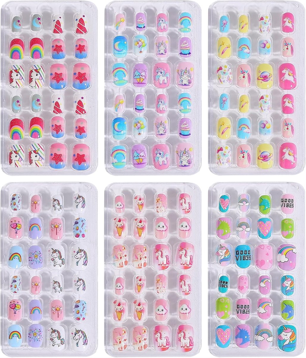 SnelShoppen - 144 Pcs Kindernagels - Kleurrijke Zelfklevende Nagels voor Meisjes - 6 Stijlen met Hartjes, Regenbogen en Bloemen - Perfect voor Feesten