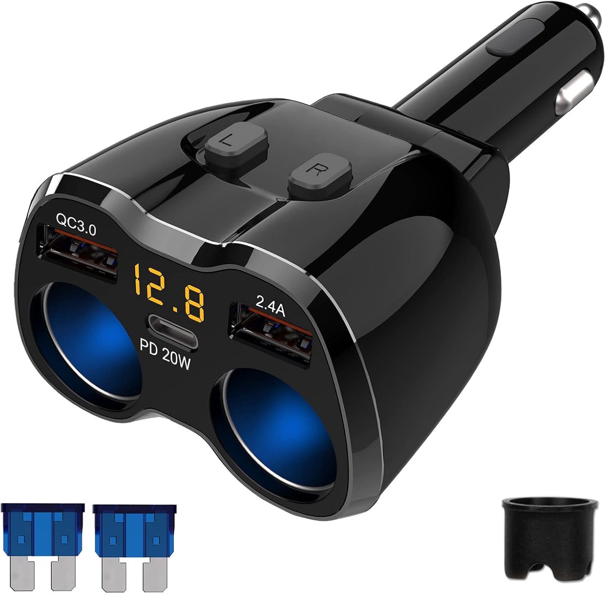 SnelShoppen - 150W Auto Lader met 2 Sigarettenaanstekers en 3 USB Poorten - PD 3.0 Type-C Snellader voor GPS, Dashcam, Navigatie en Meer