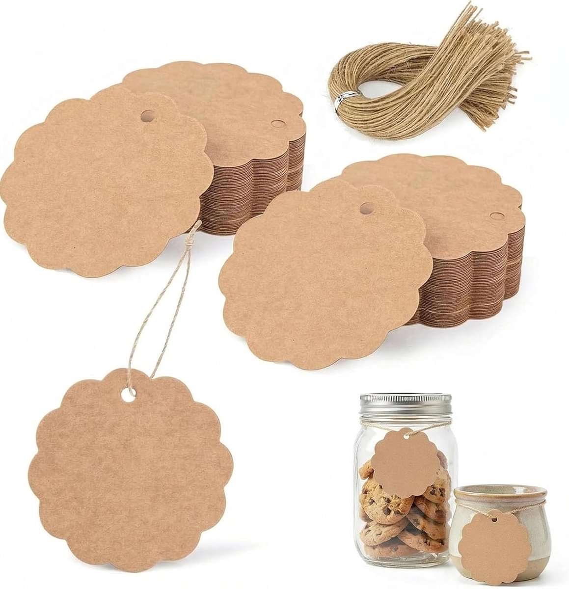 SnelShoppen - 140 Rond Geschenkpuntjes 6 cm - Kraftpapier met Golfrand en Jute Touw voor Kerstcadeaus, Bruiloften, Verjaardagen, Knutselen