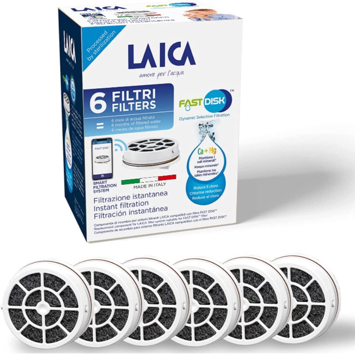 SnelShoppen - Laica Snelfilter voor Flessen, Actieve Kool, 100% Made in Italy, Instant Water Filtratie, 6 Stuks, Ideaal voor Thuis, Duurzaam en Econom