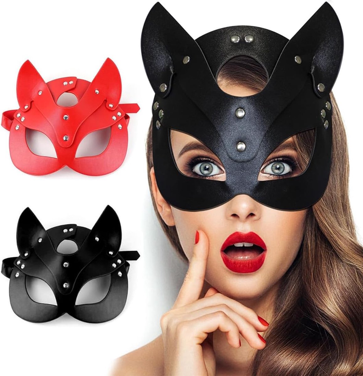 SnelShoppen - Catwoman Masker - Sexy Half Face Leer Masker voor Vrouwen - Zwart - Halloween, Carnaval, Maskerade, Cosplay - Met Oren en Rivet Decorati